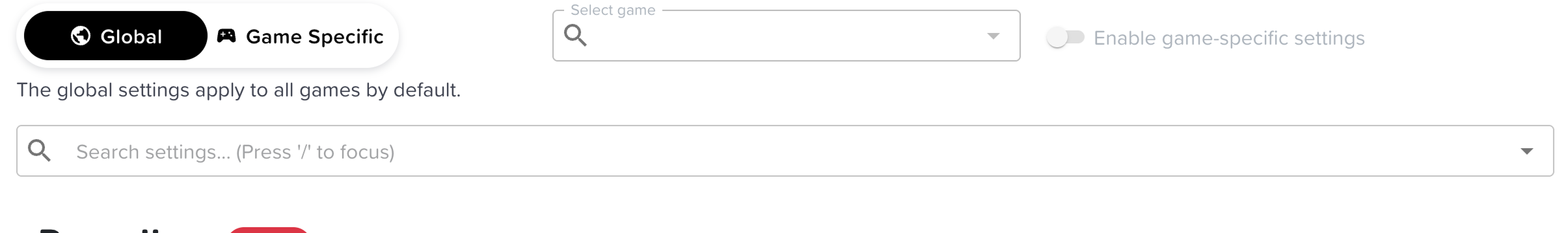 Before: game selector and settings search shared one look